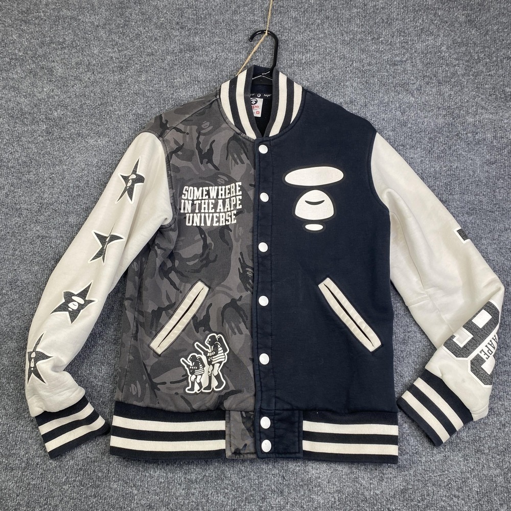 AAPE By A Bathing Ape Jacket Mens Medium Black Camo Varsity Letterman Bomber